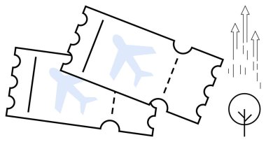 Uçak grafikli iki uçak bileti, minimalist ağaç sembolü ve yukarı doğru ekolojik bilinçli seyahat olduğunu gösteren oklar. Sürdürülebilir turizm, iklim hareketi, çevre dostu yaşam tarzı ve seyahat için ideal