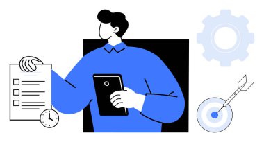 Tablet ve kontrol listesi tutan kişi, teçhizatı temsil eden süreç, zaman yönetimini gösteren saat, hedef başarısını simgeliyor. Üretkenlik, projeler, planlama, odaklanma ve başarı için ideal