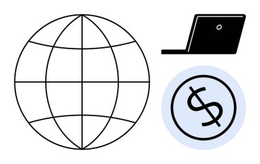 Dünya çapındaki ağı temsil eden dünya dijital erişimi sembolize eden dizüstü bilgisayar ve finansal işlemleri gösteren dolar işareti. İş, teknoloji, finans, küreselleşme, ekom, çevrimiçi için ideal