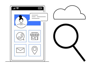 Kullanıcı profilli akıllı telefon ekranı, uygulama simgeleri, konuşma balonu, büyüteç ve bulut. Teknoloji, iletişim, mobil uygulamalar, konum hizmetleri bulut hesaplama işi için ideal