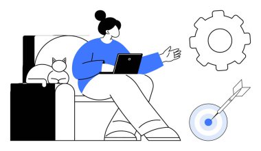 Kedi, dişli ve hedef odaklı, hedef belirleyici, verimlilik, uzaktan çalışma, kişisel gelişim, verimlilik problemi çözmeyi temsil eden bir kanepede dizüstü bilgisayar kullanan bir kadın. Basit düz metafor