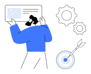 Elinde belge tutan bir adam, planlama ve stratejiyi temsil eden vitesler doğruluk için dartla hedef. Üretkenlik, iş akışı, yenilik, başarı, strateji, takım çalışması için ideal basit düz bir hedef