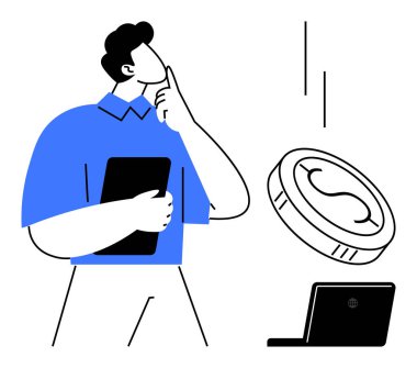 Businessperson elinde tablet, yüzen bir para ve dizüstü bilgisayarın yanında kafa yoruyor. Finans, yatırım, karar verme, teknoloji, strateji, fintech zenginlik yönetimi için idealdir. Basit düz metafor