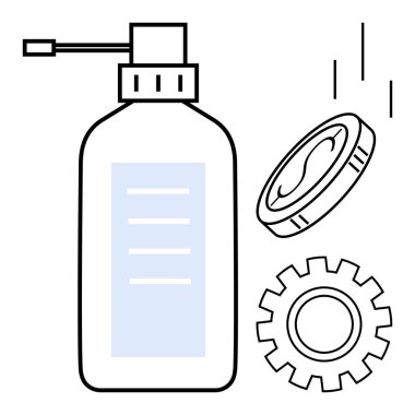 Hortumlu yağ pompası şişesi, vites sembolü ve sıvı damlacık. Bakım, onarım, mekanik, endüstriyel süreç, yağlama mühendisliği üretimi için ideal. Basit düz metafor
