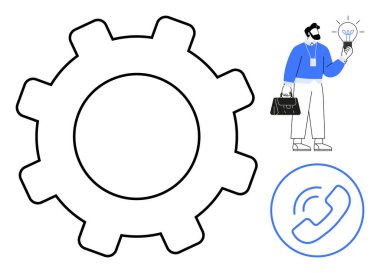 İş akışını sembolize eden vites, yaratıcılık için ampul tutan adam, iletişim için telefon ikonu. Yenilik, takım çalışması, iş stratejisi, çalışma süreci, teknik yönetim, müşteri desteği için ideal