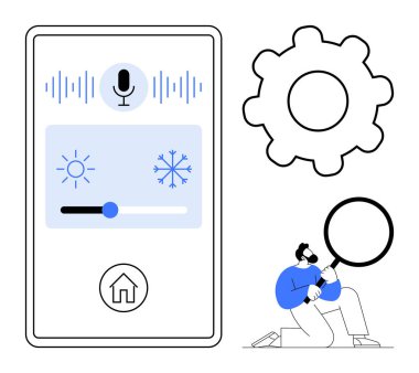 Ses girişi, sıcaklık kontrol kaydırıcısı ve kullanıcı analiz ayarlarıyla akıllı ev arayüzü. Teknoloji, otomasyon, yapay zeka, kullanıcı deneyimi, ev aletleri, basit düz metafor için ideal