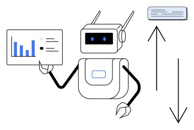 Çubuk grafik ve metin analizli veri tablosu tutan robotlar, ilerlemeyi ve yapay zeka ile alınan kararları gösteren oklar. Yapay zeka, teknoloji, otomasyon, veri analizi, yenilik ve karar verme için ideal