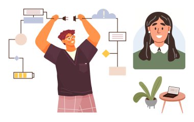 Bağlantı kabloları, dijital diyagram, gülümseyen takım arkadaşı portresi, dizüstü bilgisayar ve kapalı alan bitkisi ile iş akışı ayarları ayarlanıyor. Takım çalışması, yenilik, teknoloji, üretkenlik sorunu için ideal