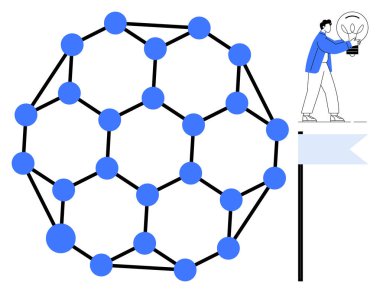 Moleküler ağ diyagramı, bağlı noktalar ve çizgiler, bayrak direği tabanında parlayan ampulü tutan kişi. Yenilik, takım çalışması, araştırma, teknoloji, bağlantı ve problem çözme için ideal