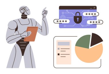 Robot paneli, şifre, grafik diyagramlar ve analitik gösterge paneli ile güvenli giriş arayüzü için tutuyor. Siber güvenlik, yapay zeka, veri analizi, teknoloji, yenilik ve dijital için ideal
