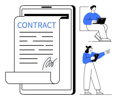 Digital contract on tablet with signature. People working on laptops, pointing at screen. Ideal for teamwork, remote work, agreement, collaboration, technology, communication simple landing page