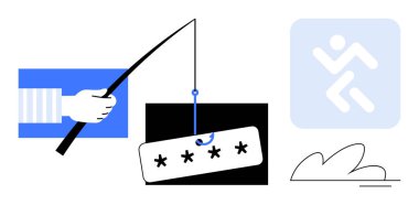 Olta kamışı ve parola. Çevrimiçi dolandırıcılık, hackleme, veri sızıntısı. Siber güvenlik, çevrimiçi güvenlik, teknoloji riskleri, dijital dolandırıcılığı önleme, bilişim eğitimi, şifre koruması için ideal