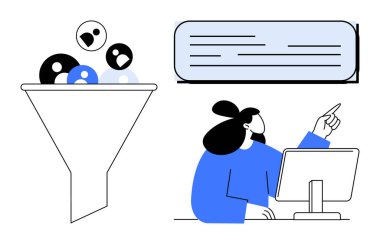 Huni filtreleme elementleri, metin kutusu, ekranı gösteren kişi, kurşun üretimi ve işbirliği. Takım çalışması, dijital pazarlama, içerik oluşturma, analitik ve karar verme için ideal