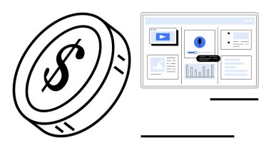 Bir dolarlık madeni paranın yanında tabloları, analitiği ve gösterge tablosu olan dijital bir gösterge paneli. Finans, iş büyümesi, ekonomi, yatırım, teknoloji, finans eğitimi için ideal