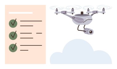 İşaretli görevleri olan kontrol listesinin yanında kamera bulunan bir gözetleme kuadkopteri uçuruyor. Teknoloji, görev yönetimi, güvenlik, yenilik, üretkenlik, robot bilimi ve verimlilik için ideal. Basit.