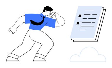 Hareket halindeki iş adamı, bir belgeye doğru kolunu uzatıyor, çabayı, başarıyı ve dijital erişimi sembolize ediyor. İş için ideal, üretkenlik, hedef belirleme, bulut hesaplama yeniliği