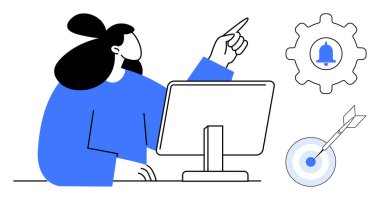 Bilgisayarda yukarı bakan bir kadın, teçhizatlı bir çan, oklu bir hedef. Üretkenlik, odaklanma, organizasyon, planlama, başarı işyeri için idealdir. Basit düz metafor