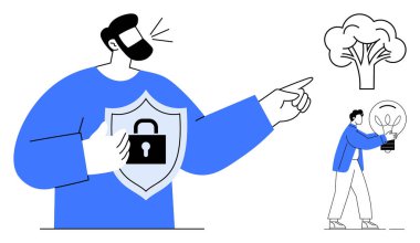 Güvenli kalkanı olan iri bir adam ve bir diğeri ampul fikri taşırken konuşan bir adam büyüme sembolünü işaret ediyor. Güvenlik, yenilik, liderlik, strateji, takım çalışması, sürdürülebilirlik için ideal