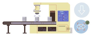 Konveyör bandı, fabrika kurulumunda otomatik tarayıcı altında paketlenmiş eşyaları taşıyor. Denetim simgeleri ve kontrol panelini içerir. Üretim, teknoloji, otomasyon, üretim, kalite için ideal