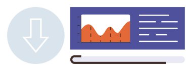 Turuncu tepeli grafikler ve ekranda metin bloğu, indirmeyi simgeleyen okun yanında. Analiz, iş dünyası, eğitim, sunum, dijital araçlar, araştırma, basit düz metafor