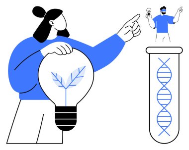 Çevre dostu ampulü tutan kadın, fikri olan holografik adam, test tüpünde DNA. Yenilik için ideal, sürdürülebilirlik, teknoloji, araştırma, biyomühendislik, gelecek düşünme büyümesi. Basit düz
