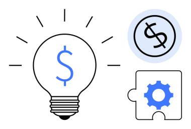 Dolar işaretli ampul, dolar sikke ve bulmaca teçhizatı finans, yenilik ve etkili problem çözme fikirlerini iletir. İş stratejisi, yaratıcılık, başarı ve yatırım için ideal