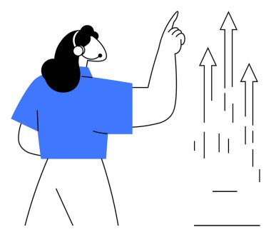 Kulaklık takan profesyonel bir kadın, yükselen oklarda büyümeyi ve başarıyı simgeleyen jestler yapıyor. İş, yönetim, liderlik, eğitim, motivasyon, ilerleme ve takım çalışması için ideal. Basit.