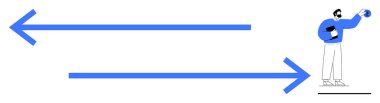 İki yatay mavi ok zıt yönlere bakan bir adam elinde bir küre tutuyor. İş, strateji, karar verme, ilerleme, küresel vizyon, rehberlik, basit düz metafor