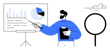 Profesyonel bir iş adamı, elinde bir pano tutarken çizelge üzerinde bar ve pasta çizelgelerini analiz ediyor. Eğitim, takım çalışması, iş stratejisi, analiz, proje planlaması, danışmanlık için ideal