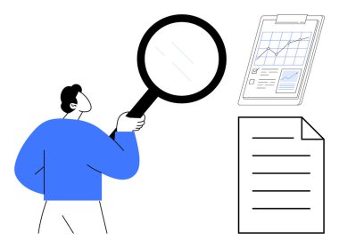 Elinde büyüteç tutan kişi analitik çizelgeyi pano ve belgeyle inceliyor. Analiz, araştırma, denetim, değerlendirme, teftiş, iş stratejisi, eğitim konuları için ideal. Basit düz