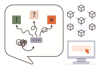 Çözümlere ve kararlara götüren oklu konuşma balonu. Blockchain küp ve bilgisayar arayüzü içerir. Sorun çözme, karar verme, karmaşıklık, engelleme zinciri, teknoloji, süreç için ideal