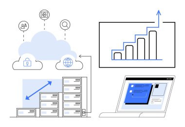 Bulut bilgisayar ağı, sunucu depolama, yukarı grafiği, dizüstü bilgisayar arayüzü ve güvenlik simgeleri. Veri analizi, bilişim altyapısı, büyüme izleme, bulut depolama ağı yazılımı için ideal