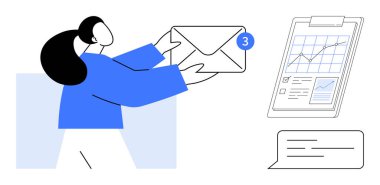 Elinde bir zarf, yanında da not kartı olan bir not panosu ve sohbet balonu olan bir kadın. İletişim, iş dünyası, e-posta, bildirim, analitik, takım çalışması ve mesajlaşma için ideal