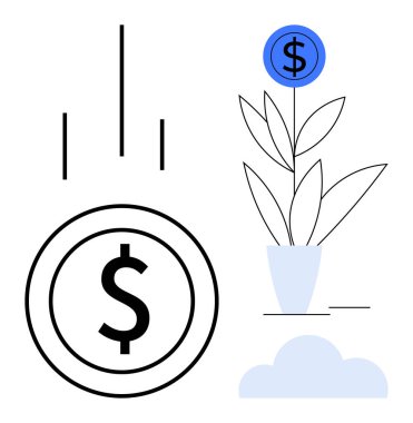 Meyve olarak bir dolar olan bir çömlekten filizlenen bitki, finansal büyümeyi temsil ediyor. Yatırım kavramları, finans, tasarruf, büyüme, gelir ve strateji karı için idealdir. Temiz, düz metafor