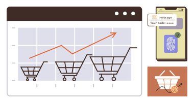 Grafikte yükselen alışveriş arabası boyutları, parmak izi ve güvenlik kodlu akıllı telefon, yükselen moda sepet ikonu. Çevrimiçi satış, analitik, güvenlik, büyüme, iş, ekommerce için ideal basit daire