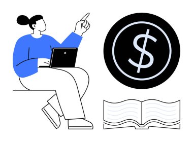 Dizüstü bilgisayarı olan, el kol hareketi yapan, paranın altını çizen dolar simgesi ve bilgiye dair açık bir kitap tutan bir kadın. Finans, eğitim, tasarruf, strateji, kariyer yatırımı için ideal