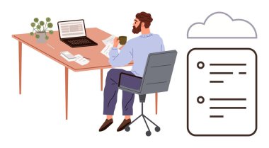 Masada oturan, elinde kağıt ve kahve tutan, dizüstü bilgisayarı açık bir adam. Bulut ve dijital kontrol listesi temsilcisi. İş akışı, verimlilik, görev yönetimi, bulut depolama ve uzak çalışma için ideal