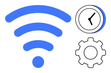 Mavi kablosuz sinyal çubukları, zaman yönetimi için bir saat ve otomasyonu sembolize eden bir vites. Teknoloji, üretkenlik, bağlantı, IOT, süreç verimliliği, dijital araçlar ve modern için ideal