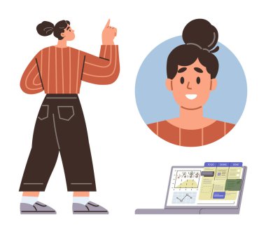 Kendine güveni tam bir kadın, gülümseyen bir portre, çizelgeler, notlar ve görevlerle dolu detaylı bir dizüstü bilgisayar. Üretkenlik, analitik, kişisel büyüme, iş anlayışı yaratıcılık için ideal