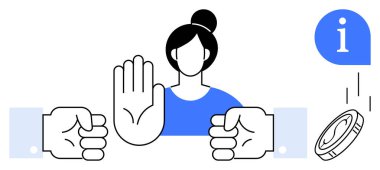 Profesyonel kadın, kavganın ortasında yumruklarını sıkarak durmak için işaret vermek için elini kaldırır. Düşen para ve bilgi baloncukları berraklığı ve adaleti işaret ediyor. Karar verme ve çatışma için ideal