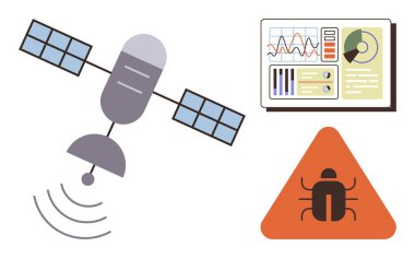 Dalgalar yayan uydu, grafik ve grafiklerle veri analiz arayüzü, üçgen hata uyarısı. Siber güvenlik, teknoloji, savunmasızlık, veri izleme, iletişim ve kötü amaçlı yazılım tespiti için ideal