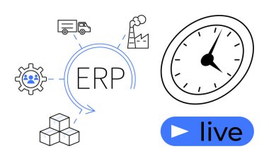 Lojistik kamyonu, fabrika, dişli ikonu, kutular, gerçek zamanlı saat, canlı yayın rozeti. Tedarik zinciri, üretim, işletim planlama teknolojisi otomasyonu için idealdir.