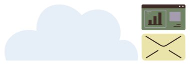 Bir zarfa ve analitik çubuklu bir panele bağlı bir bulut. Veri depolama, e-posta iletişimi, analitik, bulut hesaplama, işbirliği, e-posta kampanyaları, dijital çalışma alanı için ideal. Basit.