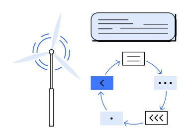 Rüzgar türbini, belge bloğu, oklu ve şekilli dairesel iş akışı diyagramı. Sürdürülebilirlik, yenilenebilir enerji, süreç verimliliği, temiz teknoloji, veri analizi, sistem akışı için ideal basit