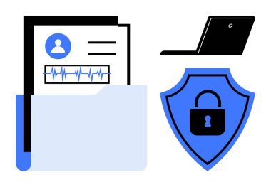 Dosyada tıbbi kayıt, kilitli kalkan ve güvenlik, veri gizliliği ve teknolojiyi vurgulayan dizüstü bilgisayar var. Sağlık, siber güvenlik, iletişim, analiz koruma kimliği için ideal