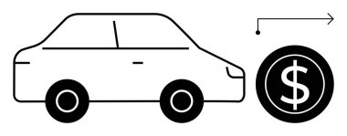 Dolar işareti ve okun yanında finansal hareketi ya da değer yönünü gösteren basit bir araba simgesi. Ekonomi, ulaşım maliyeti, mali planlama, bütçe, ticaret, işlemler için ideal