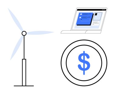 Yeşil enerji için rüzgar türbini, teknoloji arayüzü için dizüstü bilgisayar, finansal büyüme için dolar sembolü. Sürdürülebilirlik, enerji, yenilik, finans, yeşil teknoloji, iş temizliği enerjisi için ideal