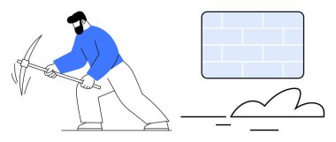 Mavi gömlekli işçi tuğlaların yanında zemin hazırlamak için kazma kullanıyor. Çalışma, inşaat, çaba, sebat, iş, meydan okuma ve başarı için ideal. Basit düz metafor