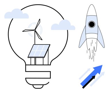 Güneş paneli, ampulün içinde rüzgar türbini, roket, yukarı doğru ok yeniliği, büyümeyi, sürdürülebilirliği simgeliyor. Enerji, teknoloji, ilerleme çevre stratejisi iş bilimi için ideal