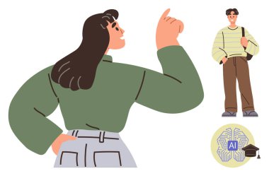 Kendine güvenen bir kadın, çanta tutan genç bir adam ve yapay zeka ve eğitim simgeleriyle dijital beyin sembolü. Eğitim, teknoloji, takım çalışması, yenilik, iletişim ve danışmanlık için ideal